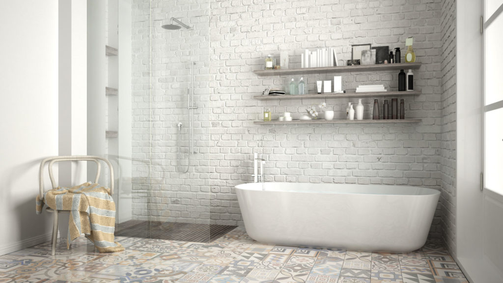 Salle de bain inspiration vintage avec carreaux de ciment au sol