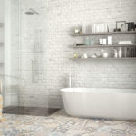 Salle de bain inspiration vintage avec carreaux de ciment au sol