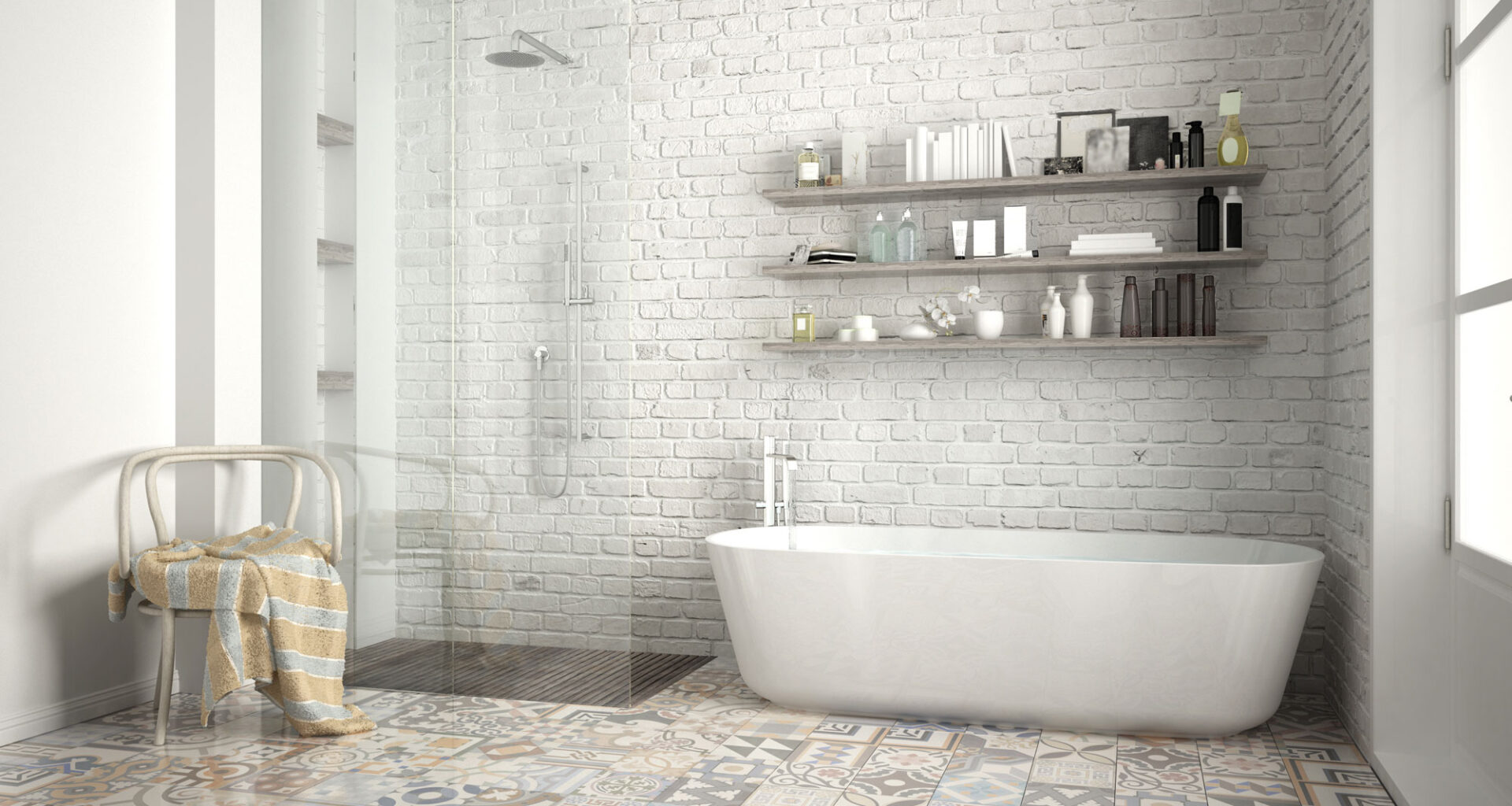 Salle de bain inspiration vintage avec carreaux de ciment au sol