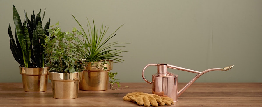 Objets déco en cuivre : pots à fleurs et arrosoir