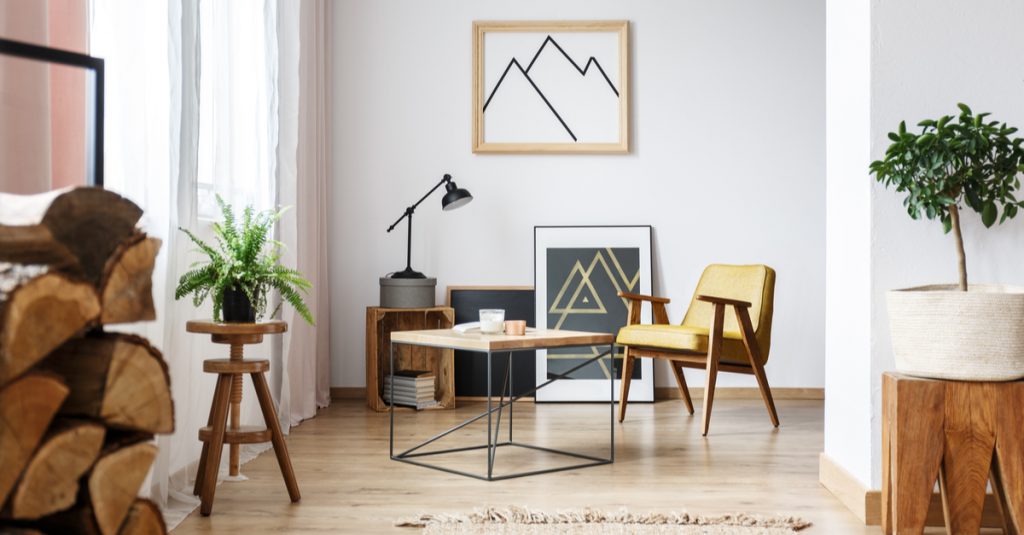 Plantes d’intérieur et bûches pour déco montagne moderne