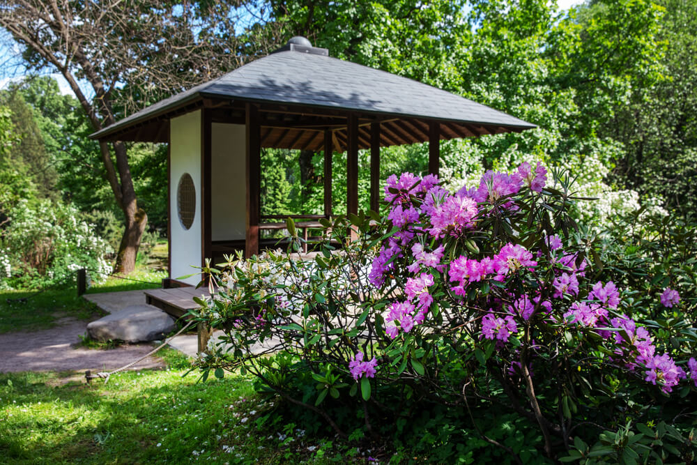 Jardin japonais banc terrasse pavillon thé