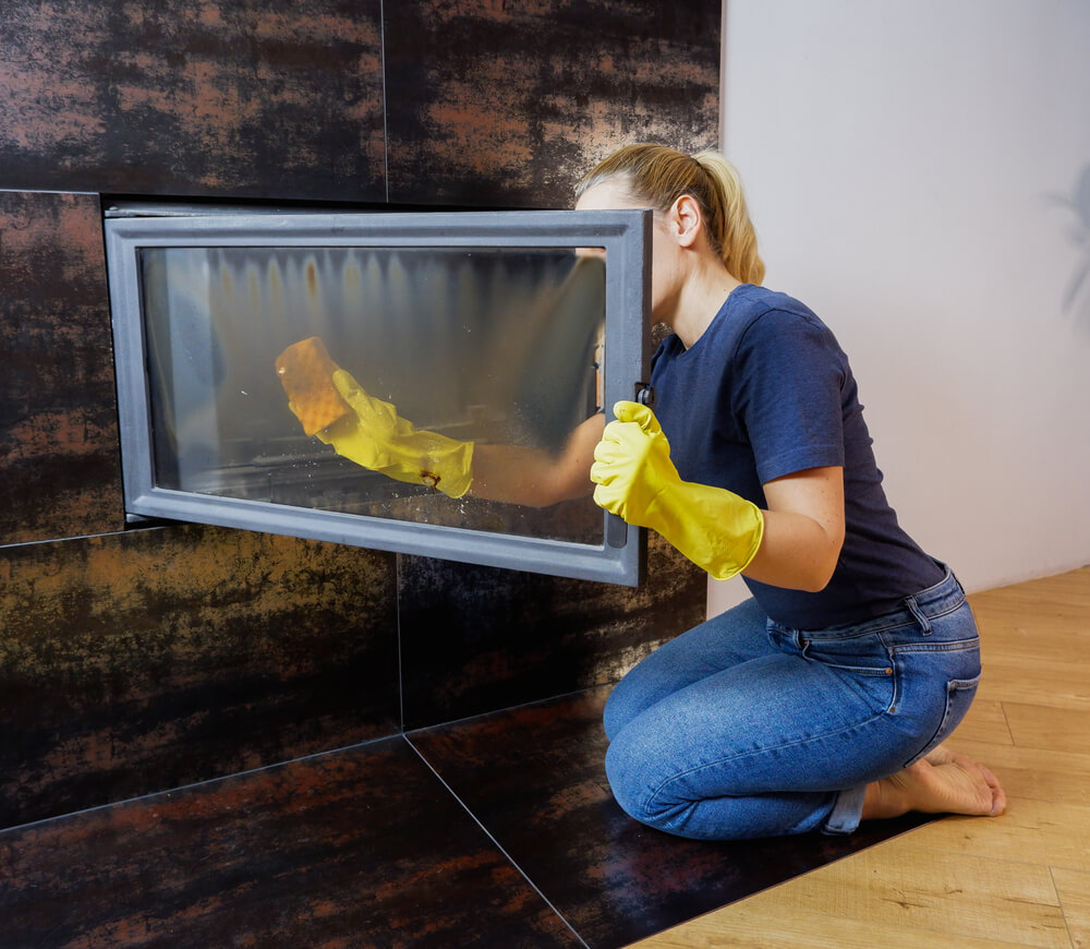 Femme en train de nettoyer la vitre d'un poêle à bois