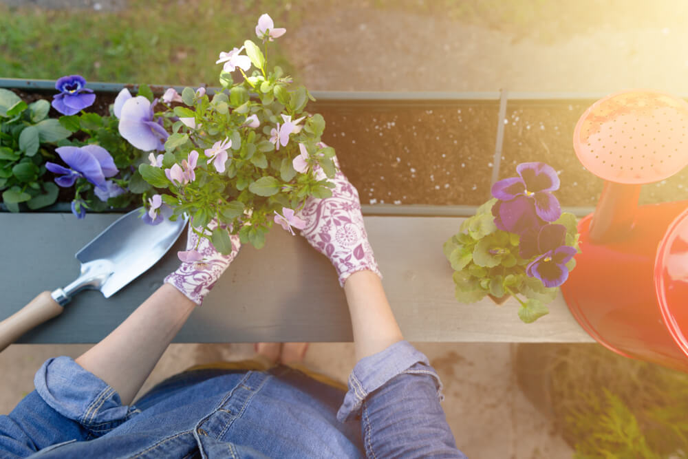 Femme en train de cultiver ses jardinières sur balcon